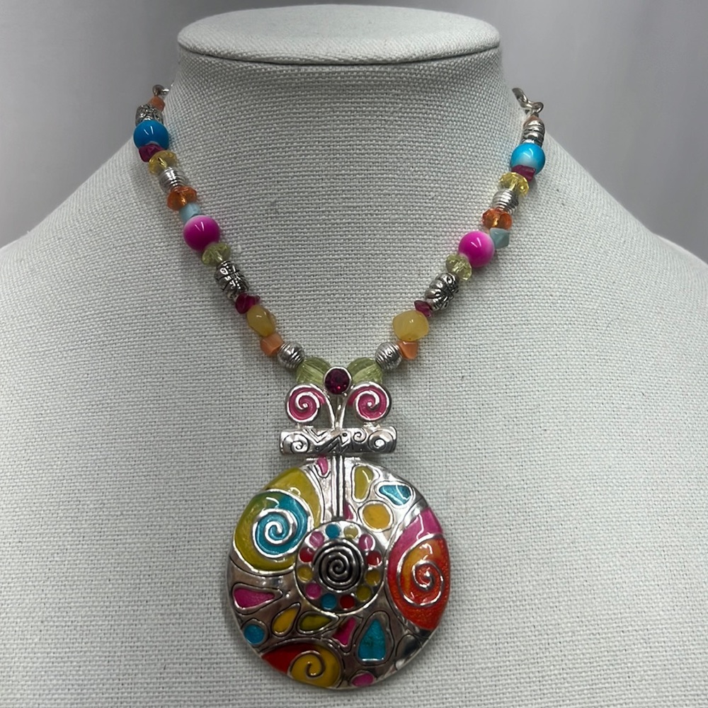 Vintage necklace with bright pink blue yellow & orange beads and charm 15”